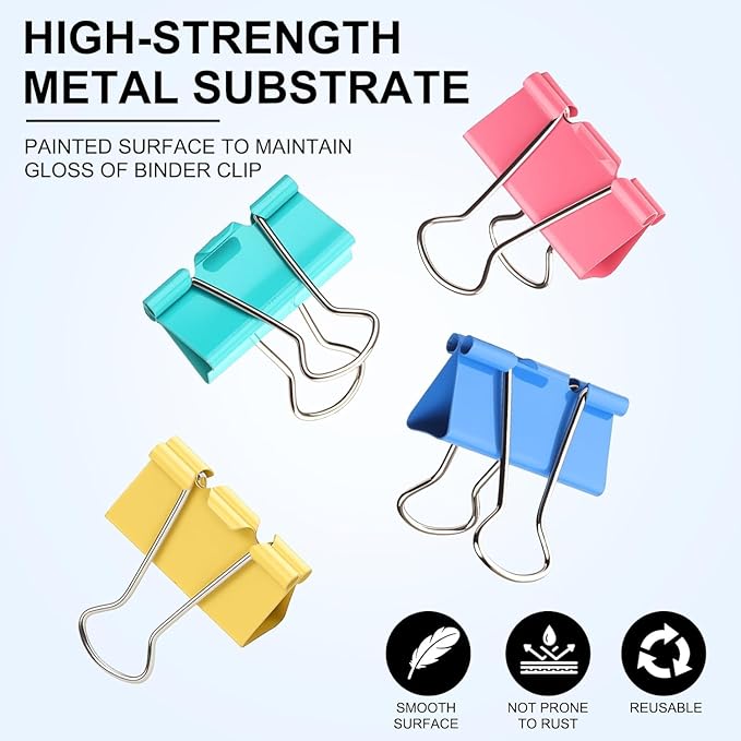 Large Binder Clips 1.6 Inch (60 Pack) Assorted Colors, Colored Binder Clips Paper Clips, Big Paper Clamps, Binder Clips Large Size for Home, School and Office Supplies