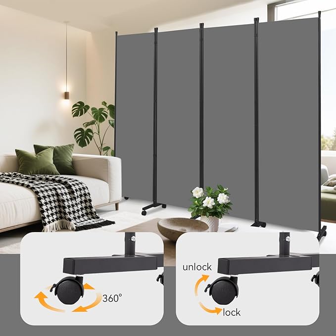Room Divider (4 Panel) Wall Divider for Room Separation, 88 inch Wide Portable Privacy Screens W/Wheels, Metal Frame Freestanding Room Separators 5.6FT Room Partitions and Dividers