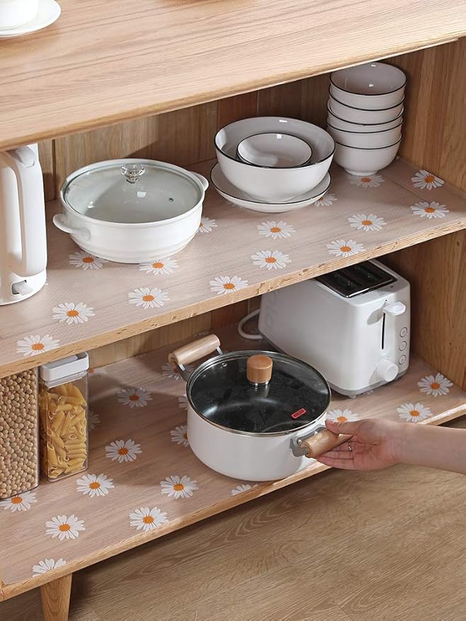 Daisy Shelf Liner for Kitchen Cabinets – Non-Adhesive, Non-Slip Drawer & Refrigerator Liner – Waterproof, Washable Cabinet Mat Floral Pattern, Easy to Cut & Install – Fits Pantry, Bathroom, Office