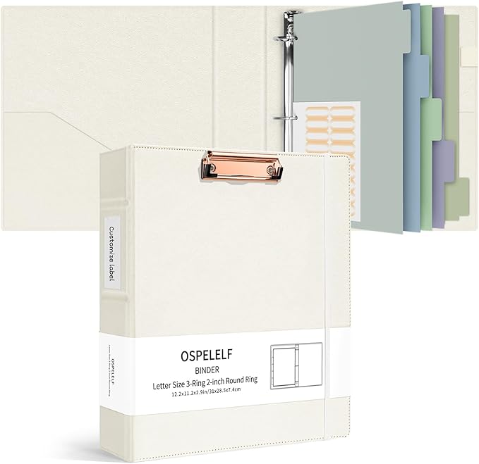 Ospelelf 3 Ring Binders with Clipboard 2 Inch, Leather Clipboard Binder Organizer with Dividers and Tabs, Business Binder for Teacher, Work, Beige