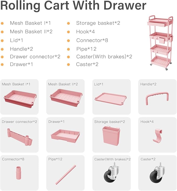 Sorgion 4 Tier Rolling Cart Organizer,Art Craft Diaper Bedside Snack Laundry Room Bathroom Organizer Narrow Thin Slim Rolling Trolley Utility Cart with Wheels for Kitchen,Office(Pink)