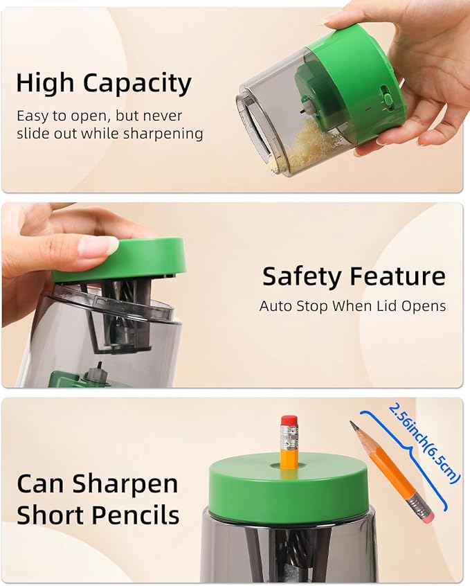 ZMOL Electric Rechargeable Pencil Sharpener, Automatic Pencil Sharpeners Kids, Battery Pencil Sharpeners for Colored Pencils, Auto Stop, Suitable for No.2(6-8mm), Classroom/Home Green