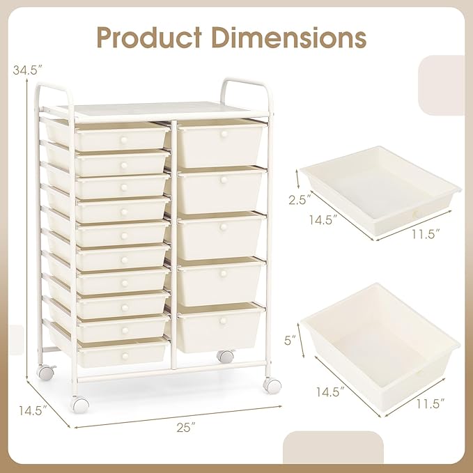 COSTWAY 15-Drawer Rolling Storage Cart, Mobile Utility Cart with Heavy-duty Frame & Lockable Wheels, Multipurpose Storage Organizer Cart for Tools, Paper, Drawer Cart for Home, Office, School, White