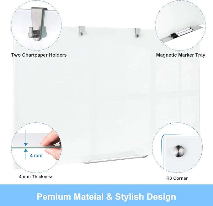 36 x 24 Inches Glass Whiteboard, Magnetic Glass Dry Erase Board for Wall, 3' x 2' Brilliance White Board for Office, Home, School