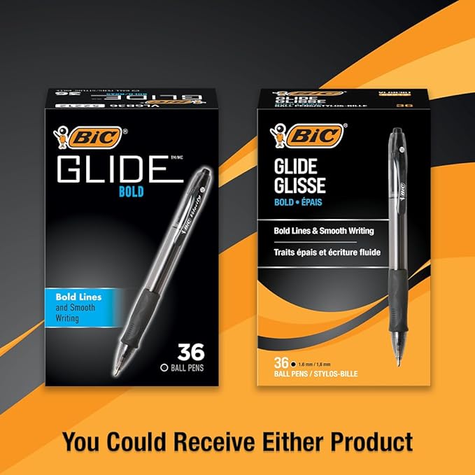 BIC Glide Bold Black Ballpoint Pens, Bold Point (1.6mm), 36-Count Pack, Retractable Ballpoint Pens With Comfortable Full Grip