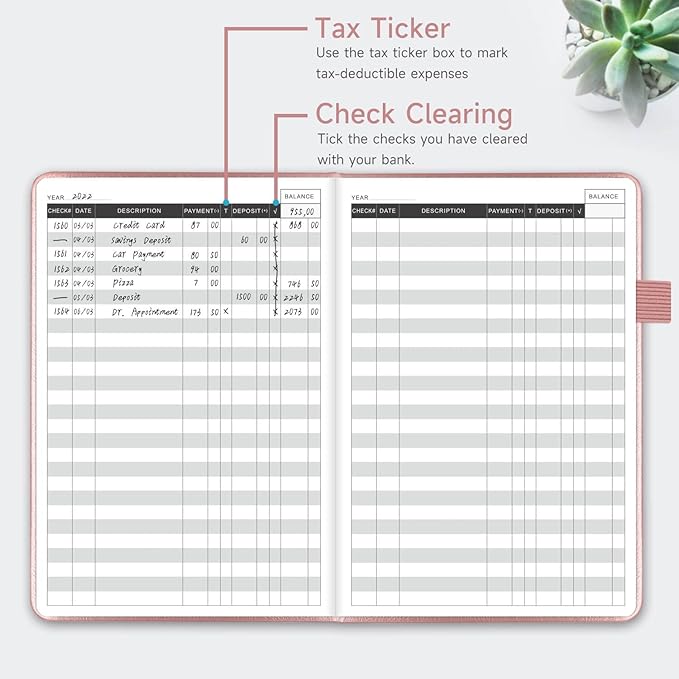 KUMEER Check Register – Elegant Check Registers for Personal Checkbook with Check & Transaction Registers, Hardcover Checkbook Log 5.2x7.6" (Rose Gold)