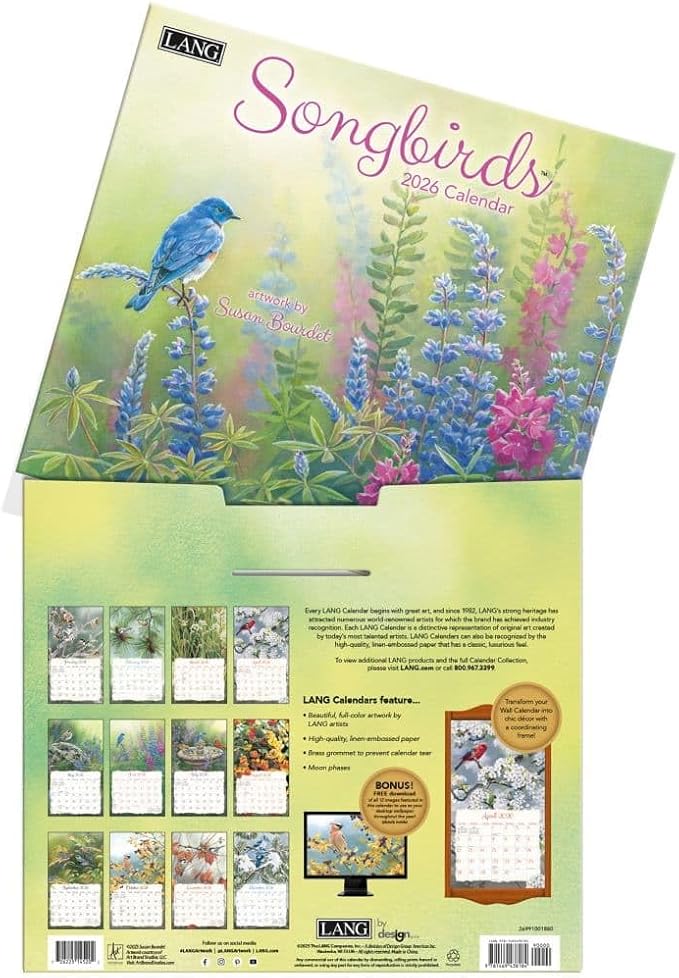 Lang Songbirds 2026 Wall Calendar – 13.4" × 12", 12-Month Calendar with Stapled Binding, Linen-Embossed Art by Susan Bourdet, Colorful Bird Illustrations