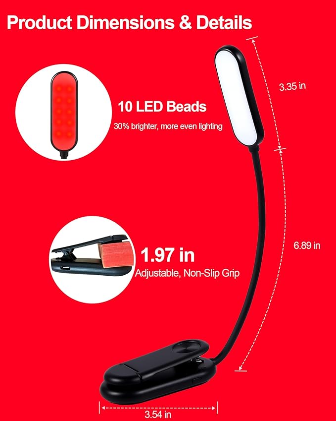 Finezeal 670nm Red Book Light [2 Pack] - Zero Blue Light, Rechargeable Clip On Red Reading Light Lamp for Reading at Night - Poratble Dimmable LED Book Lamp, Gift for Lovers Travel Studying Nursing