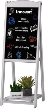 INNOVART Magnetic A-Frame Chalkboard Sign, Sidewalk Sign 45" x 17" With Display Shelf, Free Standing Easel for Restaurant, Business, Wedding or Events, White