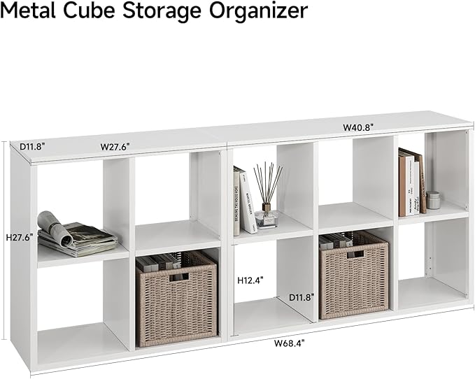 IRONMIX White Cube Storage Organizer, Metal Short Bookshelf with Storage, Modern 2 Tier Horizontal Bookshelf, Short Cabinet Display Case, Small Cube Bookcase for Home Office Library (White, 700+1037)