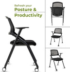 VACYOVKE 10 Pack Conference Room Chairs with Wheels and Sliding Armrest,Foldable Nesting Chair for Office School Church Waiting Room Black