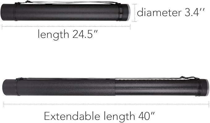 TRANSON Durable Poster Storage Tube with Straps 24"-40" Extendable for Blueprints, Artwork, Maps, Posters Color Black