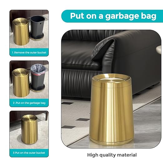 YOJIA 2.6Gal/10 L Gold Brushed Stainless Steel Trash Can with Swing Cover, Bathroom Trash Can with Lid, Garbage Can for Bathroom, Bedroom, Office, Hotel, Rest Room, RV (Gold)