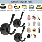 TOFIIGREM Black Wall Hooks, 6 Pack Coat Towel Hook Heavy Duty Metal Double Bath Robe Hook Wall Mounted, Hat Hooks for Cubicle Bathroom Kitchen Closet Garage