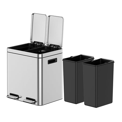 OUTLANE 30L Stainless Steel Double Compartment Trash Can, Foot Pedal, Soft Close Lid, Removable Buckets, Fingerprint Resistant, Home/Office/Bathroom Bin, 37.6x42.8x46.8cm