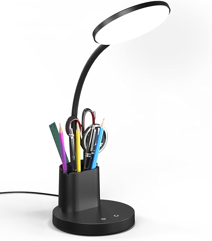 Vicsoon Desk Lamp, LED Desk Lamp for Home Office, Touch Table Lamp with 3 Color Modes 360° Adjustable Arm, Dimmable Desk Light with Pen Phone Holder, Black
