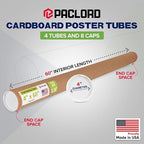 Paclord 4" x 60" Reinforced Kraft Paper Mailing Tube, Pack of 4 Tubes with 8 Caps – Secure USPS Approved Poster Tube – Cardboard Tube for Shipping and Storing Posters, Prints, Artwork, or Documents