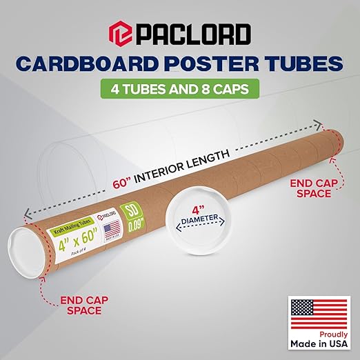 Paclord 4" x 60" Reinforced Kraft Paper Mailing Tube, Pack of 4 Tubes with 8 Caps – Secure USPS Approved Poster Tube – Cardboard Tube for Shipping and Storing Posters, Prints, Artwork, or Documents