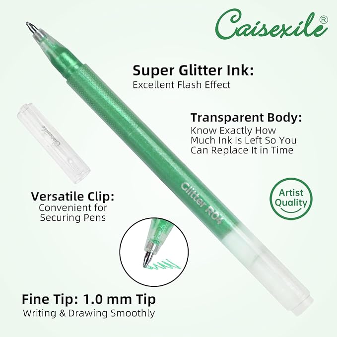 CAISEXILE 12 Green Glitter Gel Pens Set, 1.0 mm Fine Point for Black Paper & White Paper, Large Capacity Pens for Journaling, Adult Coloring Books, Drawing, Note Taking, Highlighting