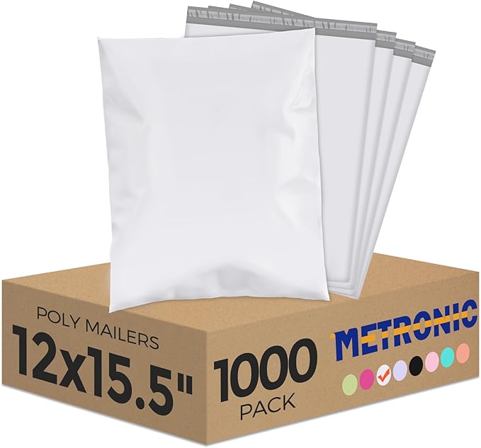 Metronic 1000PC Poly Mailers 12x15.5, Sturdy Shipping Bags for Small Business, Waterproof Mailers Poly Bags, Strong Adhesive Shipping Envelopes for Clothing, Efficient Mailing Envelopes in White