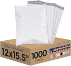 Metronic 1000PC Poly Mailers 12x15.5, Sturdy Shipping Bags for Small Business, Waterproof Mailers Poly Bags, Strong Adhesive Shipping Envelopes for Clothing, Efficient Mailing Envelopes in White