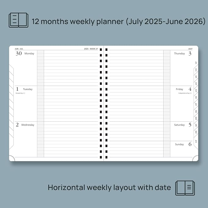 POPRUN Planner 2025-2026, Horizontal Weekly Notebook Jul.25-Jun.26 (Large 8.5''x 10.5''), Academic Calendar Book with Monthly Tabs, Spiral Soft Cover, Inner Pocket, 100 GSM - Lavender