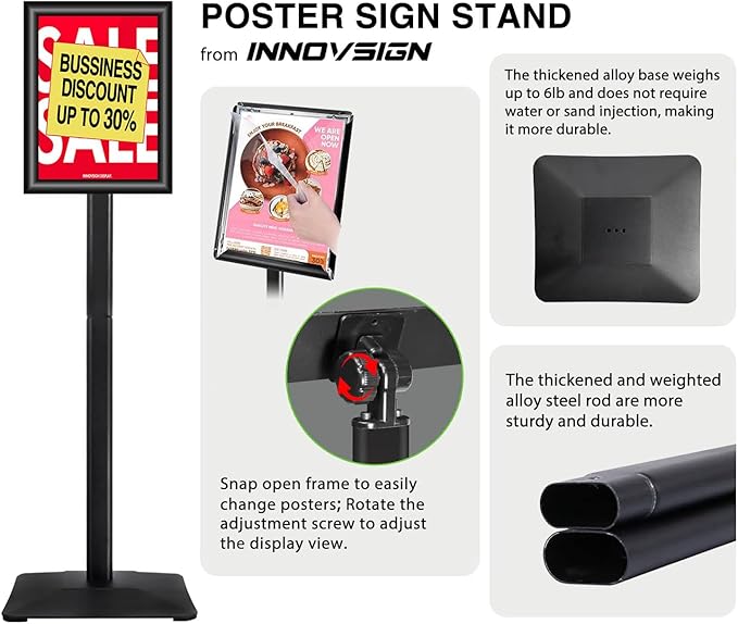 INNOVSIGN 3Packs Heavy Duty Adjustable Pedestal Poster Sign Stand, 8.5x11 Aluminum Open Floor Standing Sign Holder for Vertical and Horizontal View Display (8.5x11,Black)