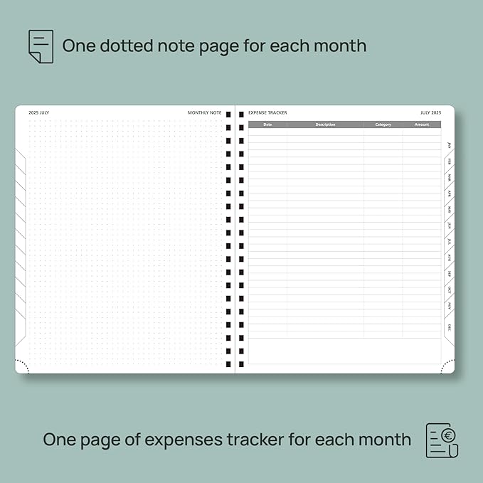 POPRUN Monthly Planner 2025-2026 Spiral Bound (8.5'' x 10.5'') 18 Months Calendar (Jul 2025 - Dec 2026) - 4 Pages per Month with Monthly Expense & Notes, Sunday Start, Leather Cover - Pacific Green