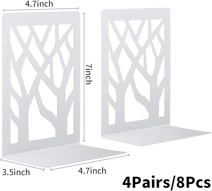 MSDADA Bookends, Book Ends for Shelves, Bookends for Office, Book Ends for Heavy Books, Book Shelf Holder Stand Home Decorative，Metal Bookend Supports, Book Stoppers, White(4 Pairs)