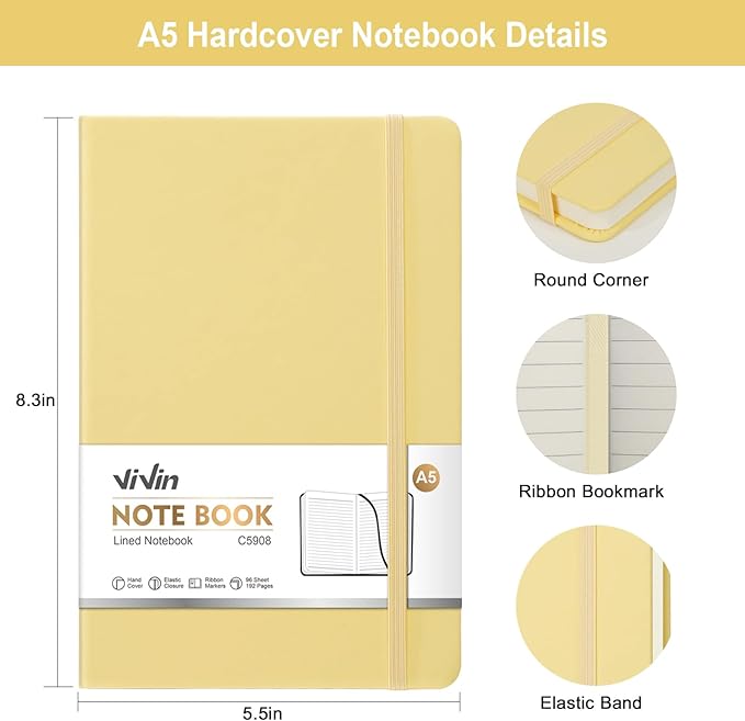 ViVin Lined Journal Notebooks for Work,192 Pages,5.5 x 8.3 inch,College Ruled,A5 Hardcover Journaling Notebooks for Work,3 Pack(Light Pink,Morandi Yellow,Morandi Pink)