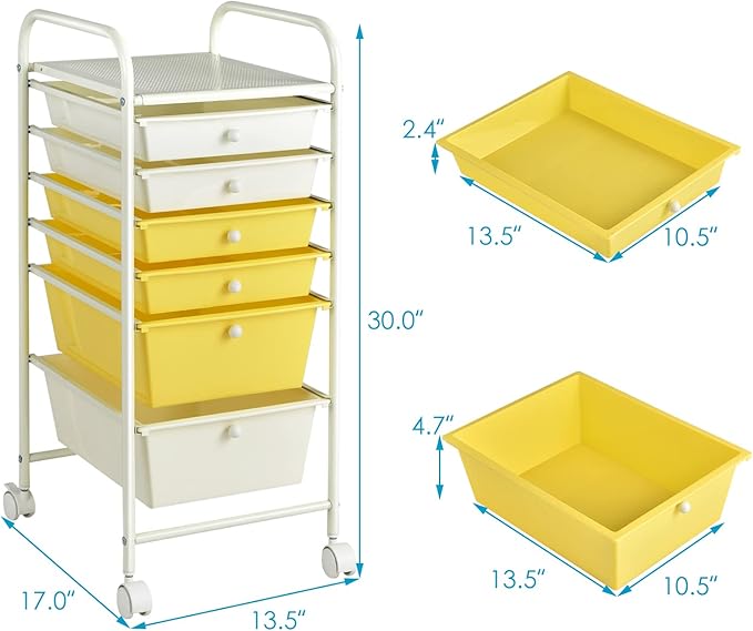 Giantex 6 Storage Drawer Cart Rolling Organizer Cart for Tools Scrapbook Paper Home Office School Multipurpose Mobile Utility Cart (Beige & Yellow)