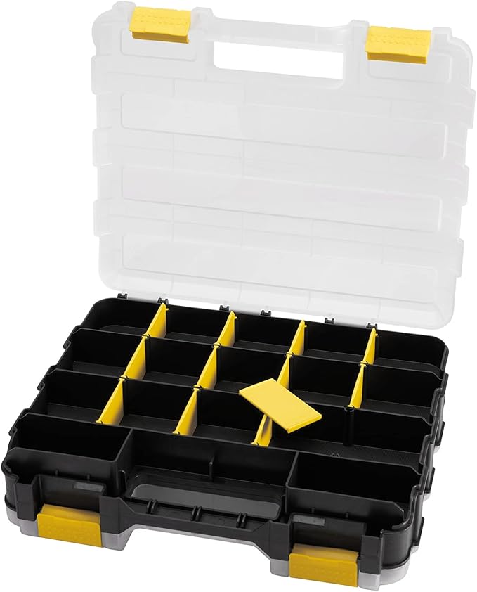 Hardware Organizer Box 34 Compartments Small Parts Organizer with Removable Dividers Durable Plastic Double Side Tools Box Screw Organizer For Nuts, Bolts, Screws, Nails, Small Hardware (Yellow)