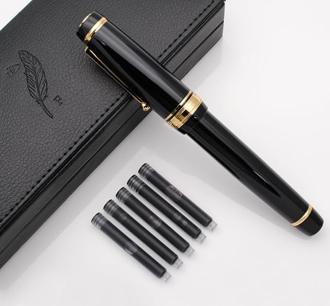xixixiaozhu Metal Big Fountain Pen, Medium Nib 0.7mm, Includes Ink Converter & 5 Cartridges, Glossy Piano Painted Finish (Black)