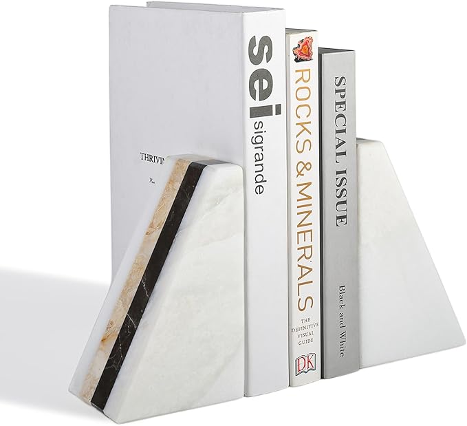 Karibiber Marble Book Ends, Non-Skid Bookends for Shelves, Composite Bookend with Natural Marble, Heavy Duty Book Stopper, Collected CDs and Oversized Books Organizer, Gold & Black Decorative Bookends