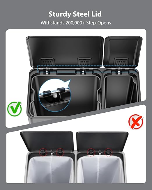 Dual Trash and Recycling Bins for Kitchen, 13.2 + 5.2 Gal (50+20L) Stainless Steel Trash and Recycle Bin Combo with Soft-Close Lid, Large Garbage Cans for Kitchen Home with 2 Magnets Sticker, Grey