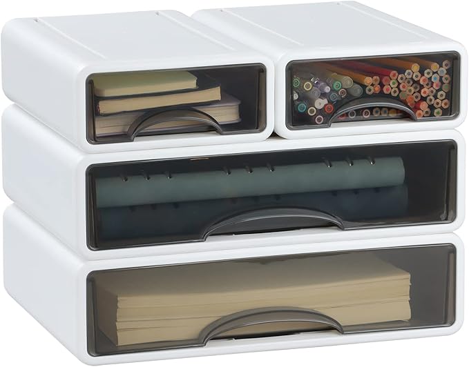 OSteed White Desktop Drawers for Paper, Stackable Office Storage Drawers for Desk, Craft Organizer and Storage Bins, 4 Mixed Storage Container with Plastic Drawers for Office Supplies Desk accessories