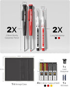 STAGEEK 2PCS Carpenter Pencils with Sharpener, Heavy Duty Woodworking Tools, Mechanical Pencil Set with 26 Refills, Deep Hole Long Nib Marker Pens for Architect Marking with Case (Black, Red)