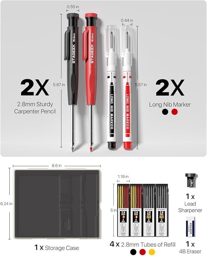 STAGEEK 2PCS Carpenter Pencils with Sharpener, Heavy Duty Woodworking Tools, Mechanical Pencil Set with 26 Refills, Deep Hole Long Nib Marker Pens for Architect Marking with Case (Black, Red)