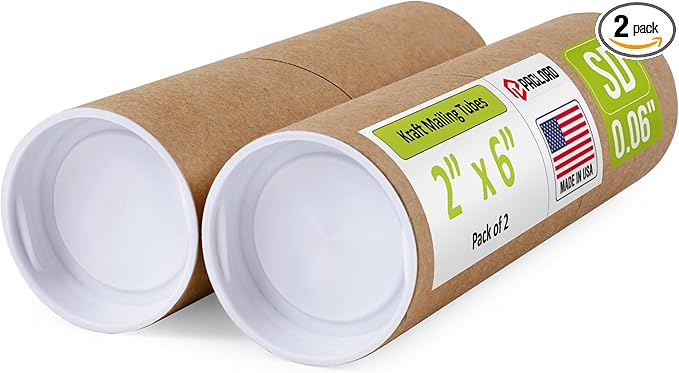 2" x 6" Reinforced Kraft Paper Mailing Tubes, Pack of 2 Tubes with 2 Caps Each – USPS Approved Poster Tube – Made in USA Cardboard Tube for Shipping and Storing Posters, Prints, Artwork, or Documents