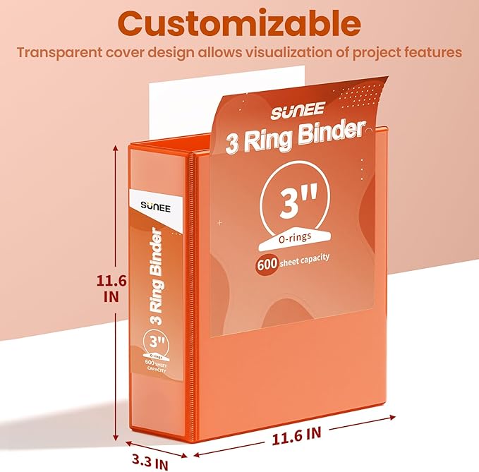 SUNEE 3 Ring Binder 3 Inch 1 Pack, Clear View Binder Three Ring PVC-Free (Fit 8.5x11 Inches) for School or Office Supplies, Orange