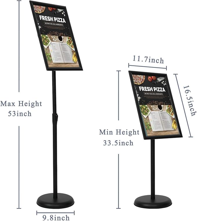 VAIIGO 11 x 17 Inch Adjustable Pedestal Sign Holder Poster Stand, Heavy Duty Floor Standing Sign Holder Stand Aluminum Snap Open Display Frame for Vertical and Horizontal View Sign Displayed(Black)