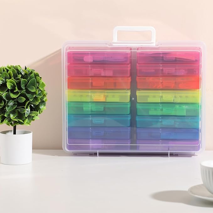 Party Club of America PCA Photo Storage Box 4" x 6" Cases With Handle - 16 Inner Keeper, Large Organizer, Plastic Craft Case for Stickers, Stamps, Jigsaw, Vegetable Seeds
