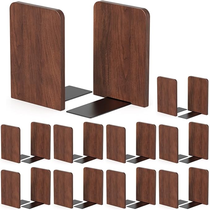 Book Ends, 10 Pair Bookends, Heavy Duty Wooden Bookend Support for Books and Movies (10, Square bookends)