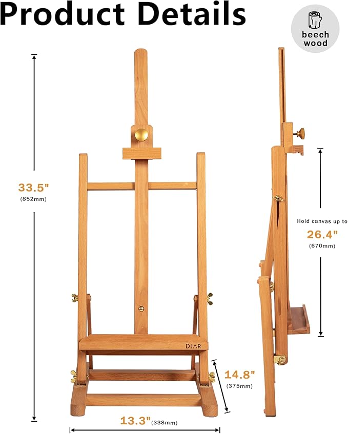 DJAR H- Frame Tabletop Painting Easel, Adjustable Solid Beech Wood Desktop Art Easel, Hold Canvas Up to 27.5", Assembly-Free Art Stand for Artist, Student, Natural