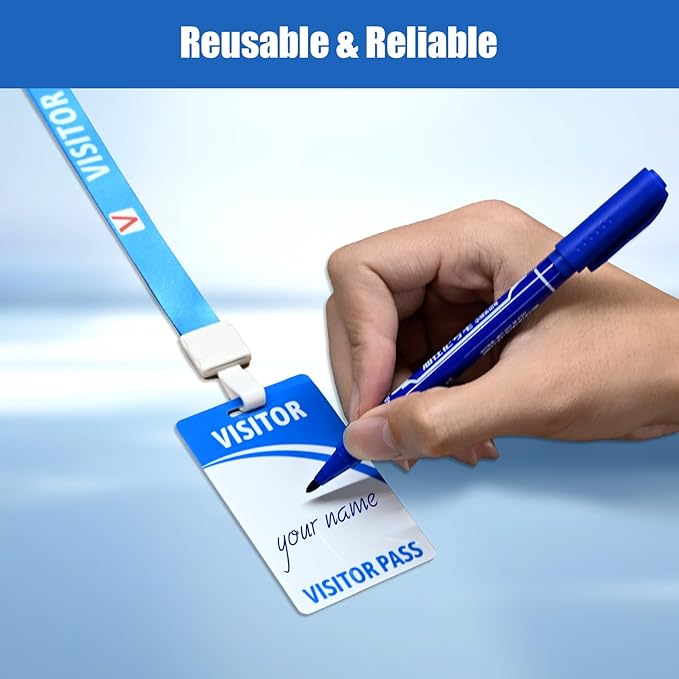 Visitor Badge Lanyards Volunteer Badge Holder with Clips (25 pcs) - Reusable Temporary ID Pass for Office, School, Events PVC Plastic Security Cards for Exhibition Guest by OSTENBIG (Light Blue)