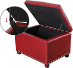 Decent Home 24'' Leather Storage Ottoman Rectangular Foot Rest Stool with Nailhead Trim for Bedroom Living Room(Red)