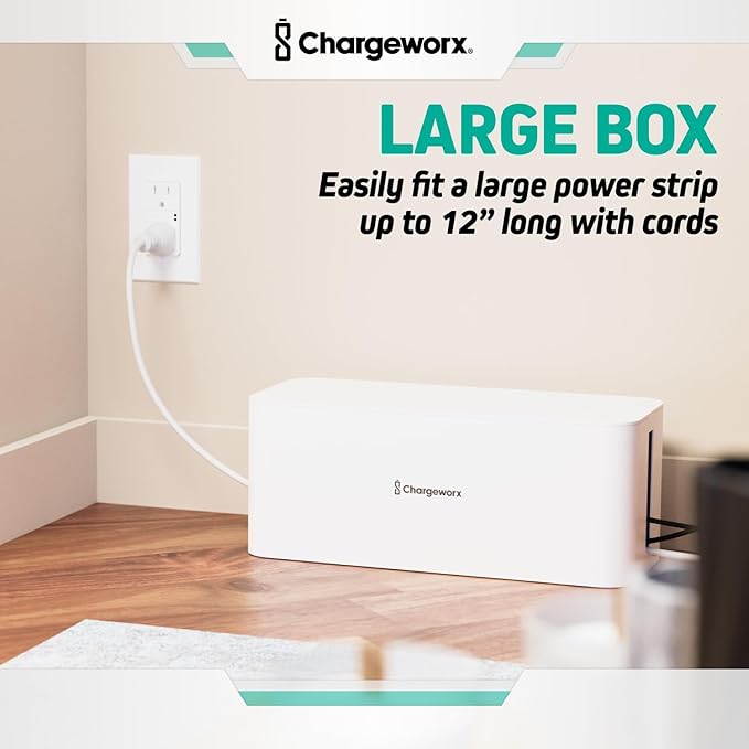 ChargeWorx Cable-Management Box Set, 2 Pack Cord Organizer to Hide Power Strips and Surge Protectors, Desk and Floor Wire Concealer for Home Office, TV Area, White