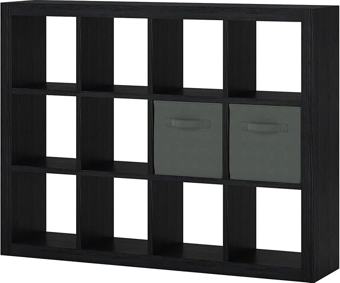 furtble Bookshelf with Storage Bin, 12-Cube Storage Organizer, Modern Wood Open Bookcase, Multifunctional Display Shelf for Living Room, Bedroom, Home Office, Black