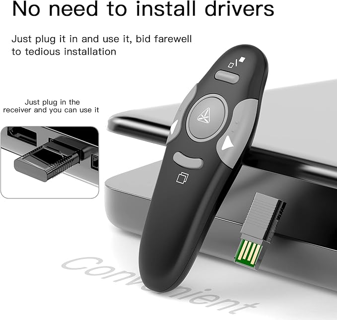 QUI Presentation Clicker Wireless Presenter Remote Clicker for PowerPoint Presentation Remote, PowerPoint Slide Advancer for Mac/Windows/Linux, Google Slide/PPT/Keynote, USB A, Black