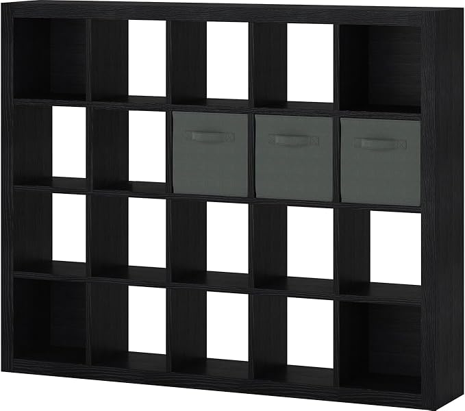 Sturdy Wooden Bookshelf - 20-Cube Storage Organizer with Bins & Multifunctional Cubicle Rack for Living Room, Bedroom or Office - Black